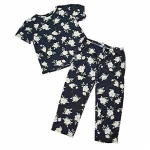 Flora Nikrooz Soft Black Floral 2pc Pajama Set Sz L Top Pants Stretch Sleepwear